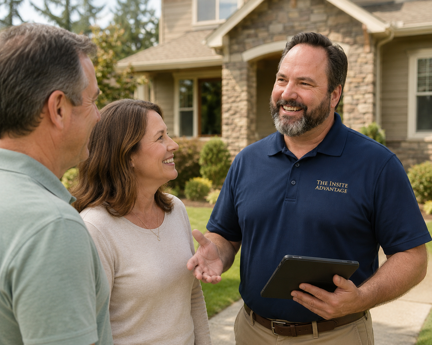 Jason Dion consulting with homeowners in front of their home